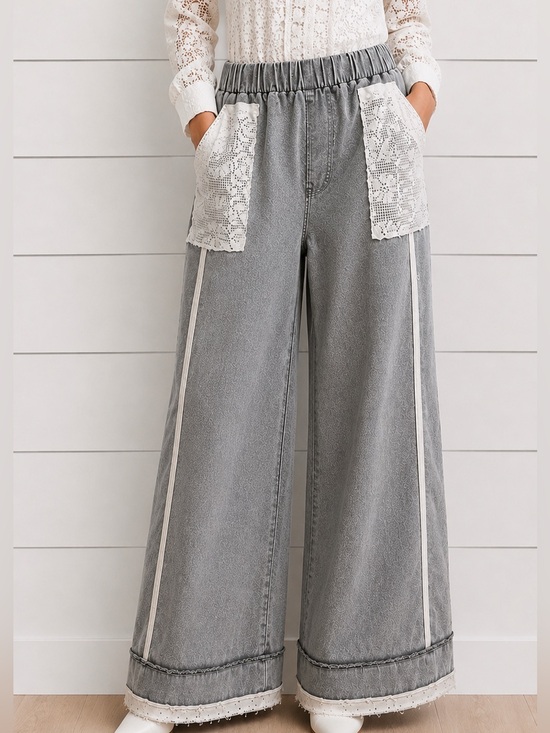 POL Pants - NEW POL : “The Gianna”Wide Leg Lace-Trim Patch Pocket Pants - Gray & White